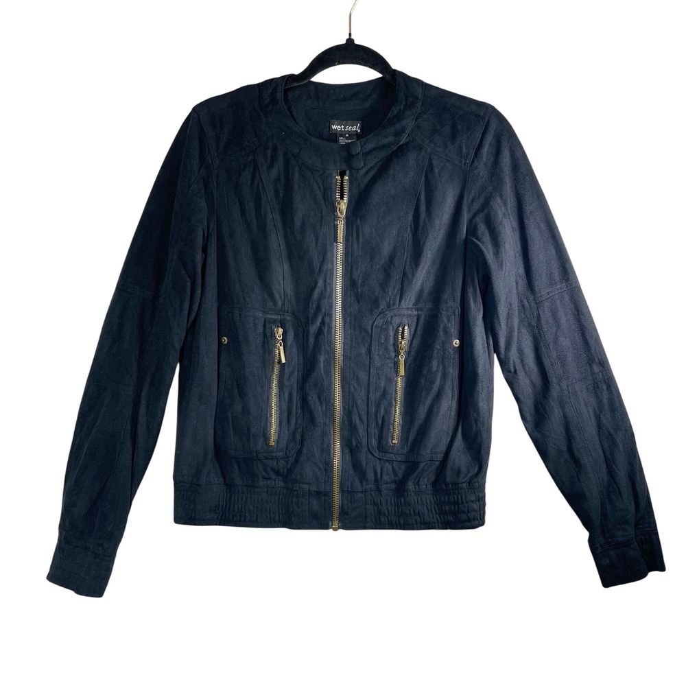 Wet Seal Black Faux Suede Bomber Jacket Zip Front Pockets Size Medium Women